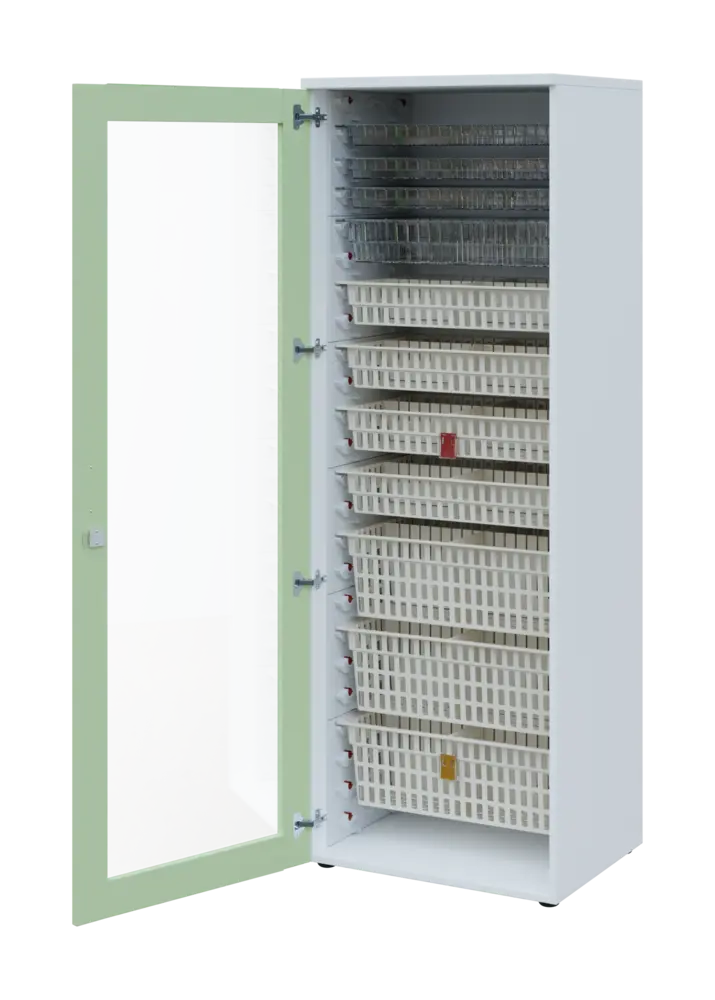 EUROMEDICA S - 66 skříň léková boxová, 1-dveřová/prosklená, levá, 1950x660x535, korpus bílý, dvířka šedo-zelinkavá